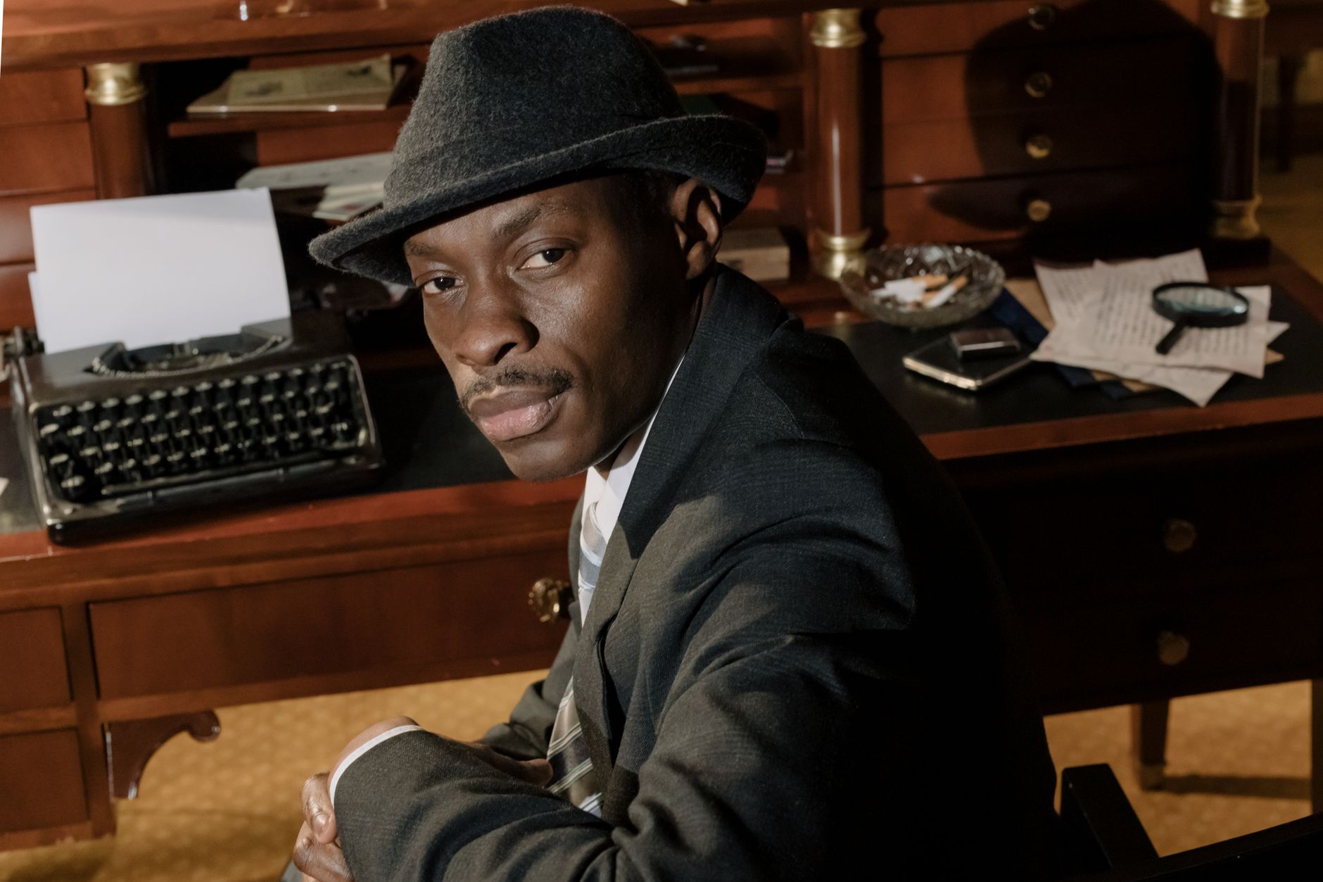A mysterious detective in a 1950s-themed office setting, exuding a noir ambiance.