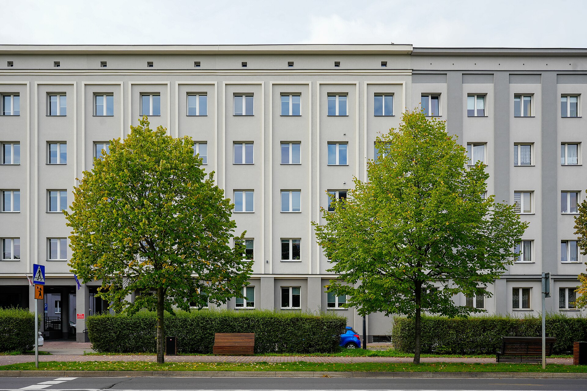 Fragment of a row of modernist buildings on Ignacy Mościcki Street in Sosnowiec, Silesian Voivodeship, Poland, on 1 October 2023. The photog