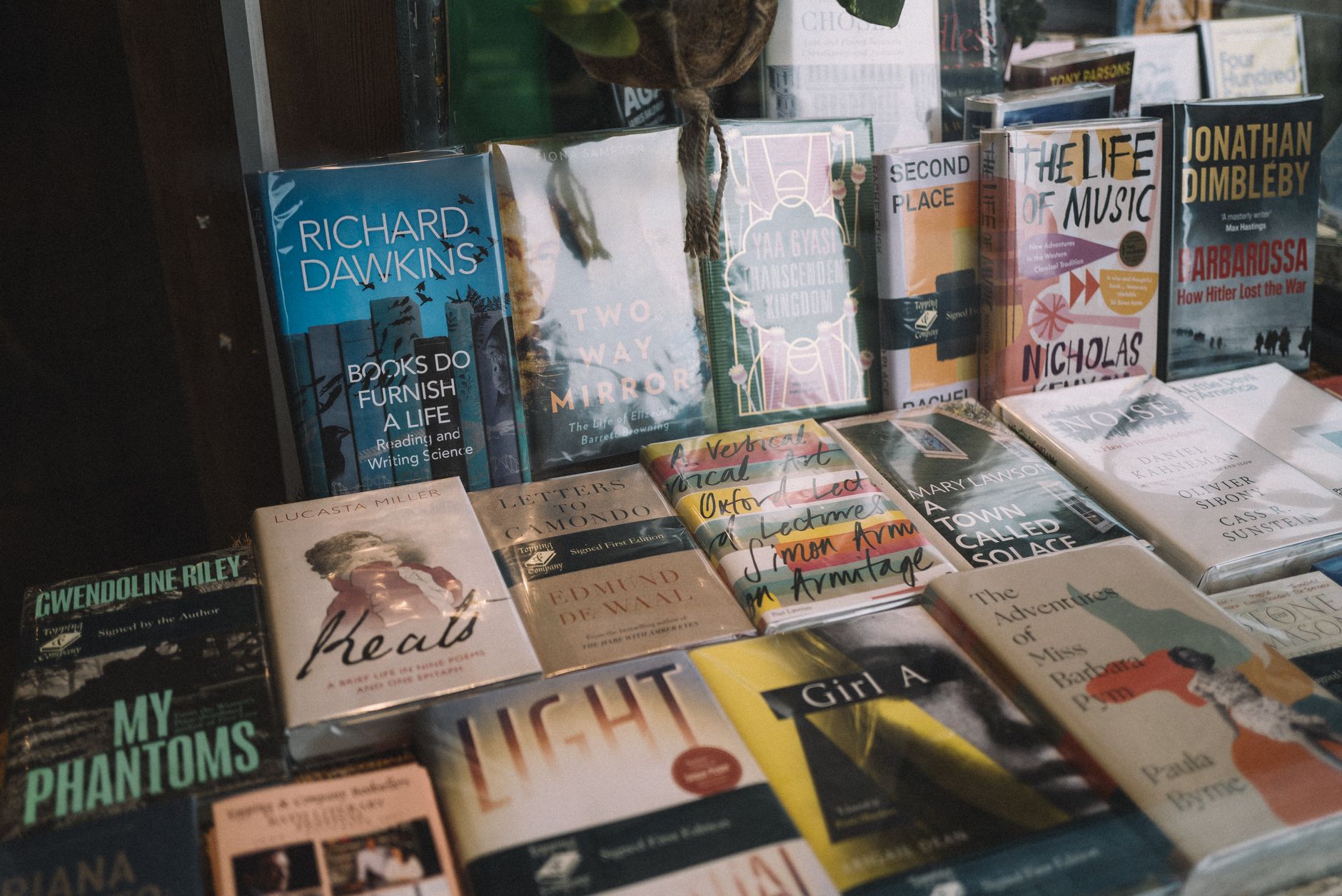 Captivating display of diverse book covers at a Bath, UK bookstore.
