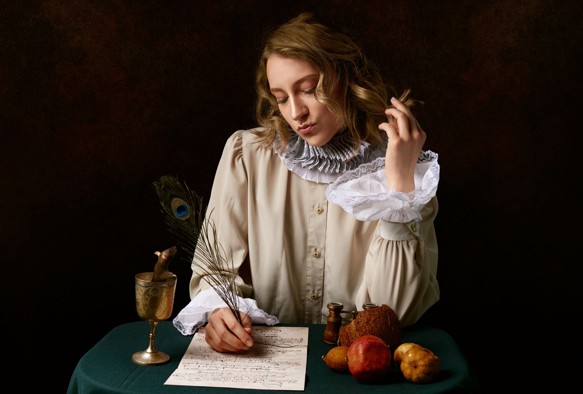 Elegant woman in vintage attire writing with a feather quill, evoking a historical setting.