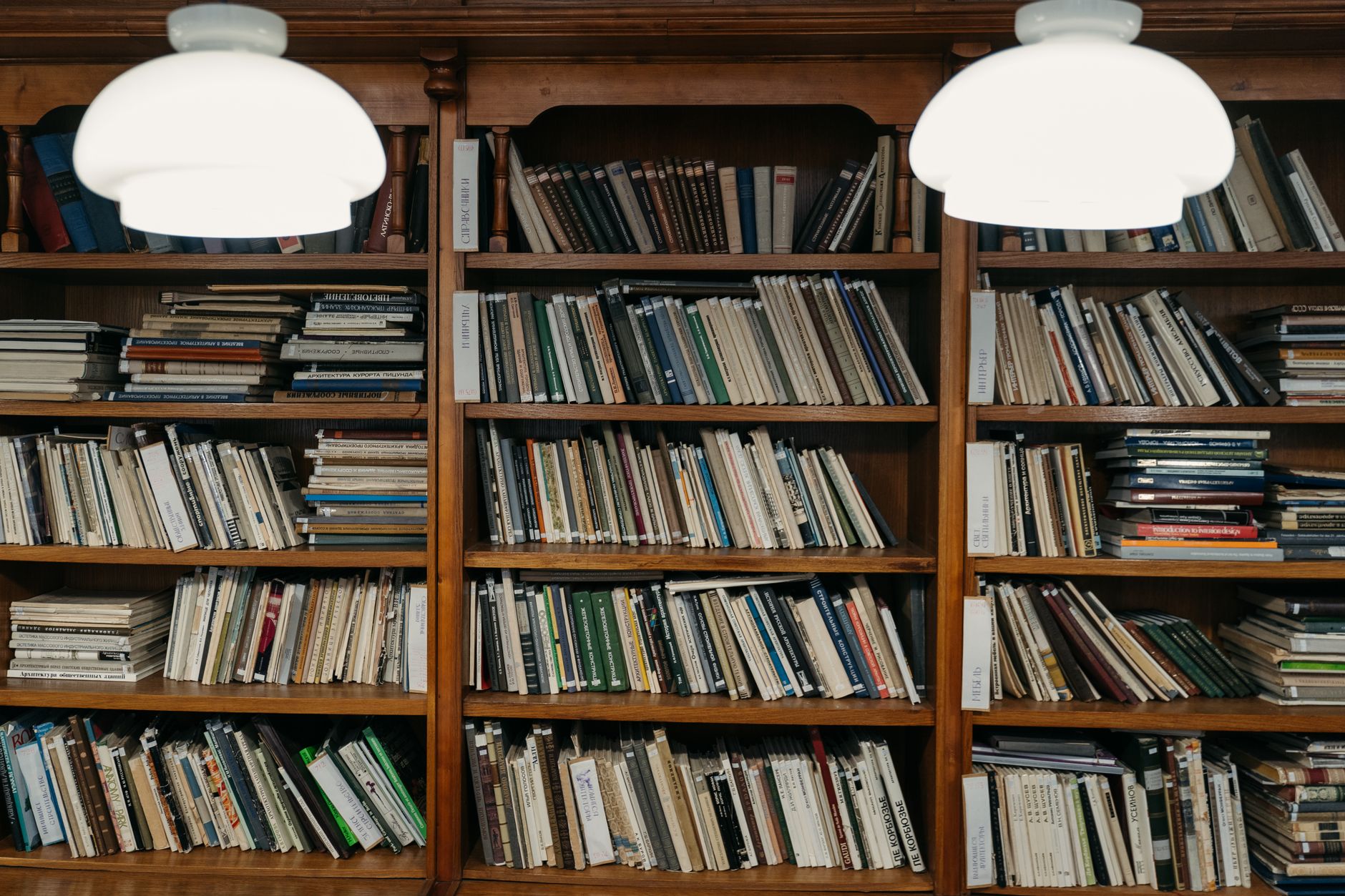 Neatly organized wooden bookshelves filled with diverse books under warm lighting.