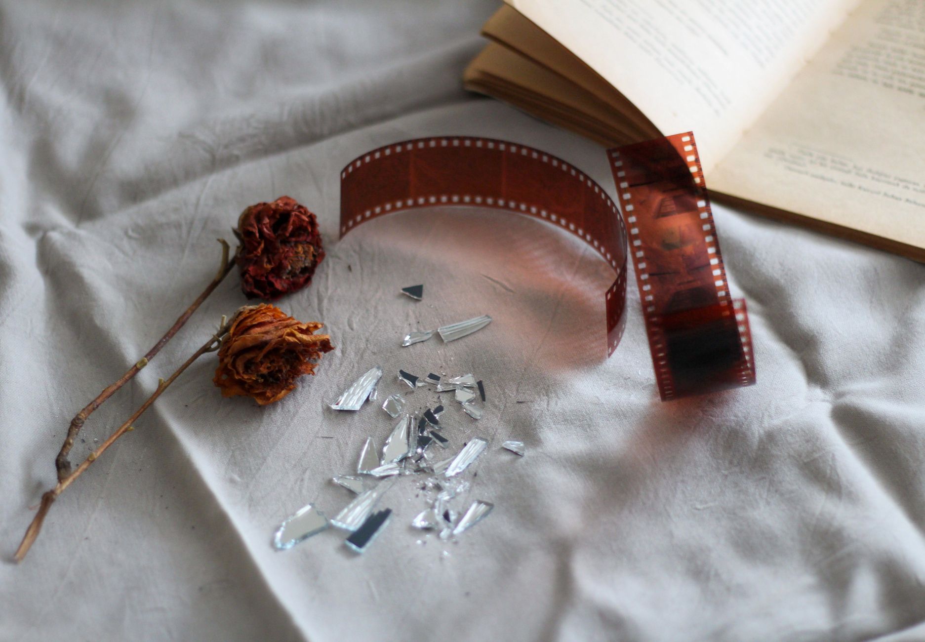 A nostalgic composition with film negatives, dried flowers, and an open book on fabric.