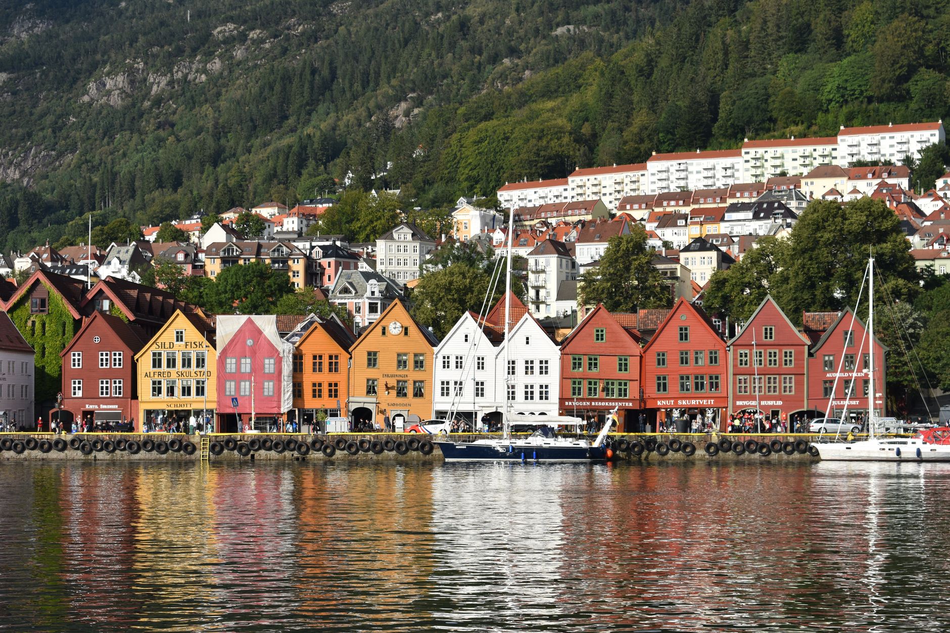 Scenic view of the iconic colorful buildings at Bryggen waterfront in Bergen, Norway.