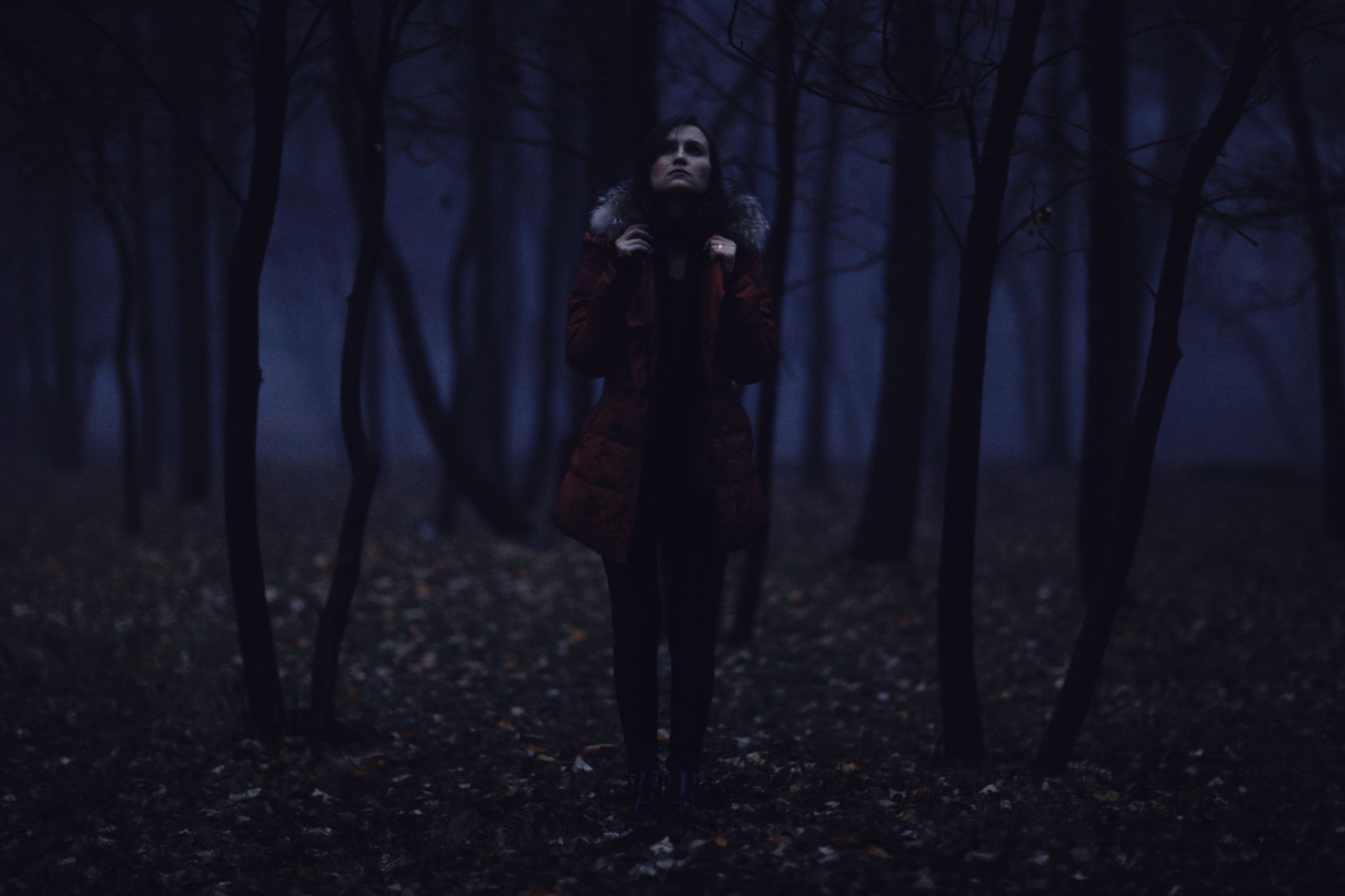 A woman in a red coat stands in a dark, misty forest at night, creating a moody atmosphere.